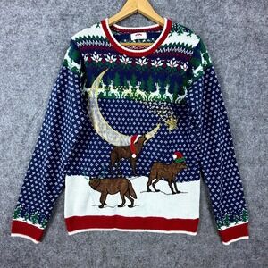 Holiday Time Ugly Christmas Sweater Medium Wolves Reindeer Fair Isle Moon Stars